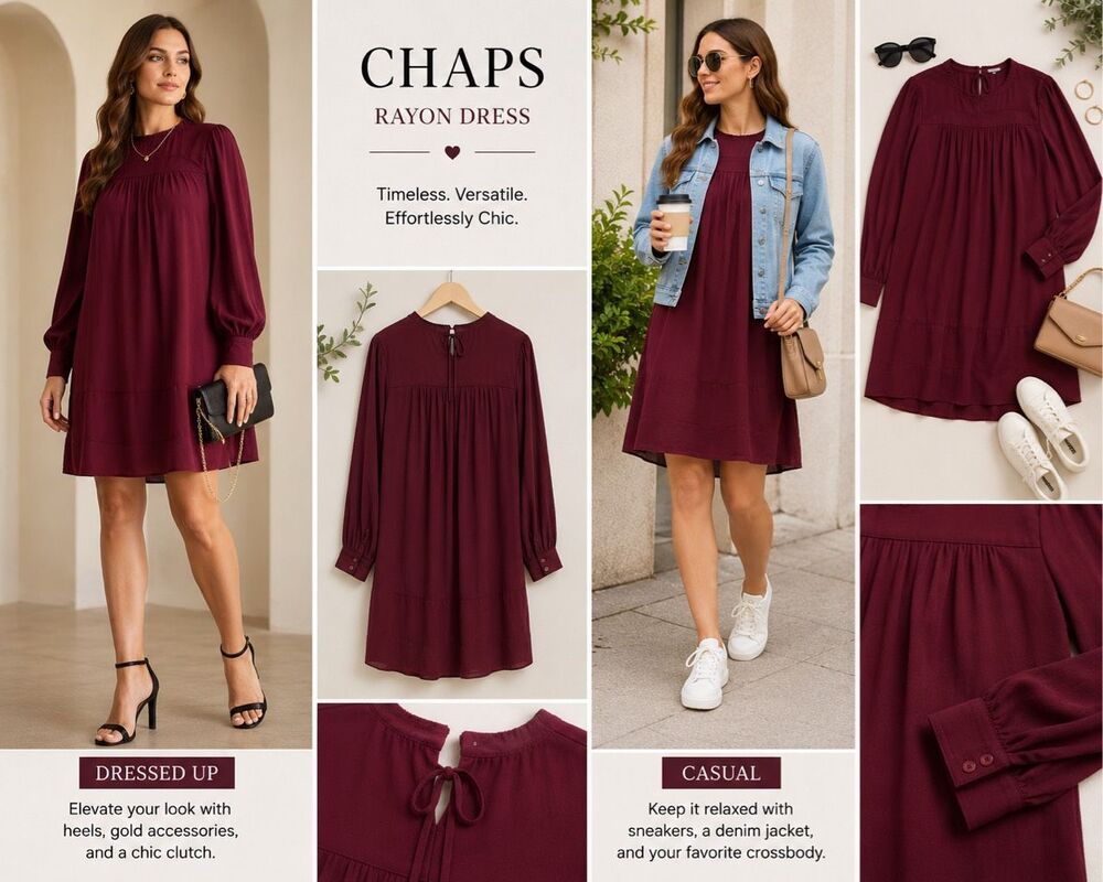Chaps Burgundy Shift Dress Large 100% Rayon Long Sleeve Keyhole Back Flowy Boho